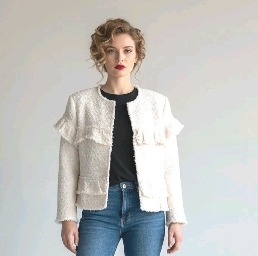 Zara Cream Ruffle Layered Fringed Jacket Topper Sz M Ivory Frayed Cropped Short